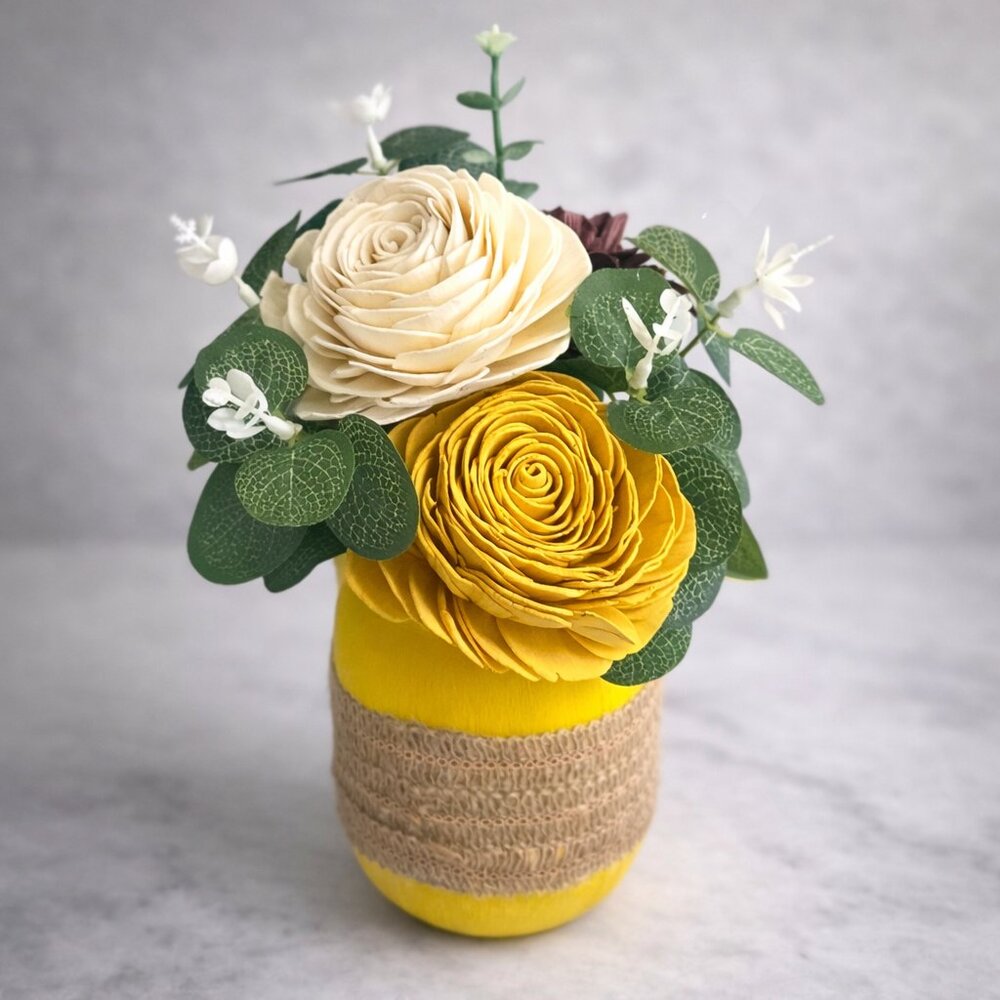 Sola Wood Flower Cream Burgundy Rose Arrangement in Yellow Mason Jar, Home Decor